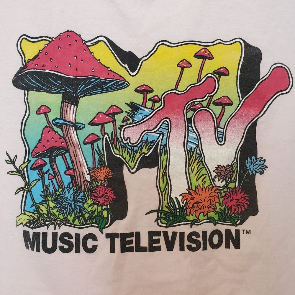 MTV T-shirt Retro Mushrooms Floral‎ Unisex Sz M Baby Pink Colorful Print